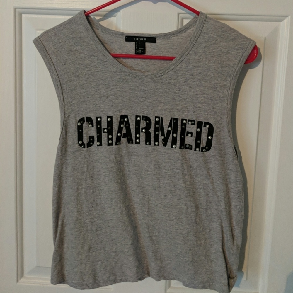 F21 Jeweled "Charmed" grey tank